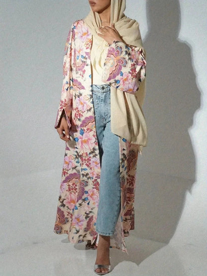 Middle Eastern Loose Printed Floral Abaya Muslim Full Sleeve Open Front Abayas Women Jilbabs Islamic Maxi Dresses Turkey Kaftans - AMULET RING STORE