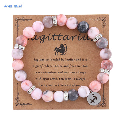 MHS.SUN 12 Star Zodiac Sign Pink Zebra Stone Beaded Bracelets Constellation Fashion Birthday Party Jewelry For Women Men