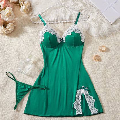 Deep V Women Nightdress Light Purple Sexy Adult Lace Bow Temptation Lingerie Gentle Erotic Clothing Dress Babydoll Underwear Set