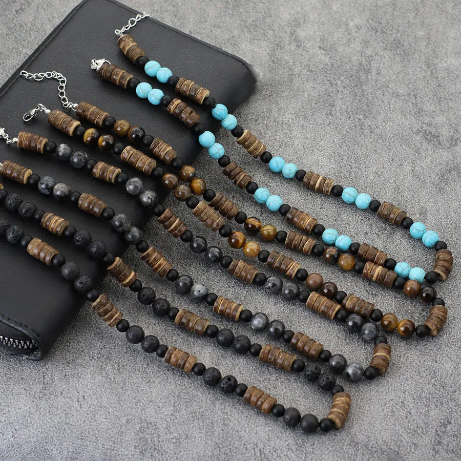 Natural Coconut Husk Wooden Necklace For Men 18 Inches Short Collar Volcanic Rock Tiger Eyes Stone Colar Jewelry Gift For Him