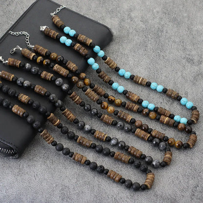 Natural Coconut Husk Wooden Necklace For Men 18 Inches Short Collar Volcanic Rock Tiger Eyes Stone Colar Jewelry Gift For Him