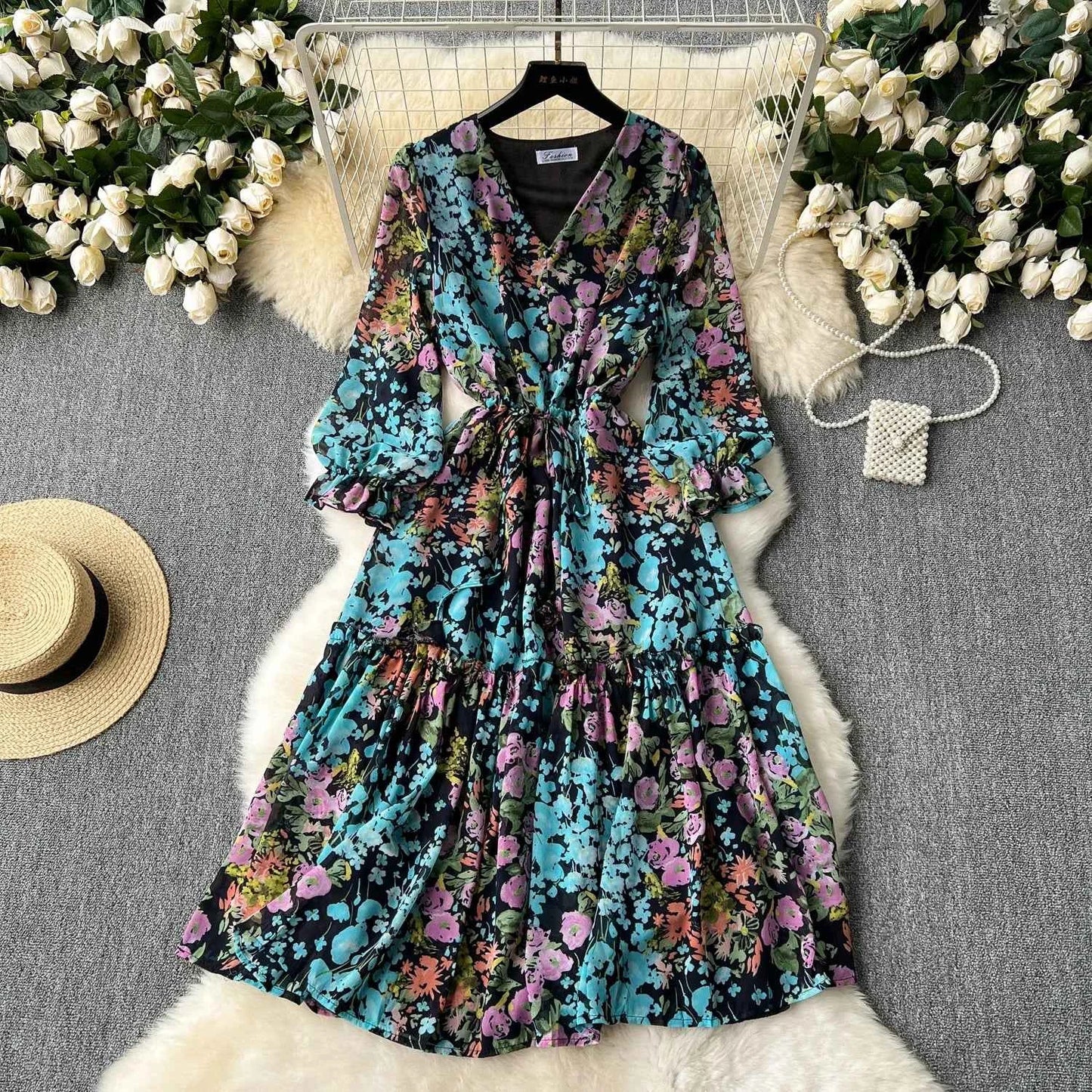 2026 Romantic Floral Print Chiffon Long Sleeve Dress Women Sexy V-neck A Line Beach Vestidos Elegant Elastic Waist Party Dress
