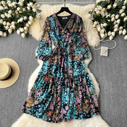 2026 Romantic Floral Print Chiffon Long Sleeve Dress Women Sexy V-neck A Line Beach Vestidos Elegant Elastic Waist Party Dress