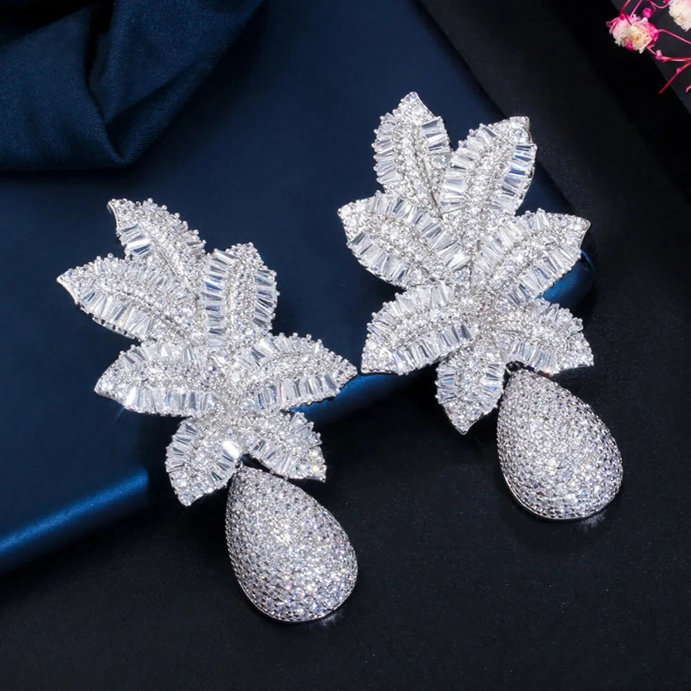 Pera Gorgeous White Cubic Zirconia Silver Color Large Leaf Water Drop Wedding Party Dangle Earrings for Brides Jewelry Gift E606 - AMULET RING STORE