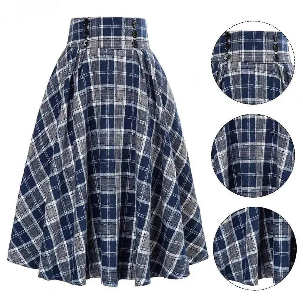 High Waist Plaid Swing Skirt Faionable Large Flounce Midi Skirt Women's Premium Clothing A-Line Silhouette Umbrella Skirt
