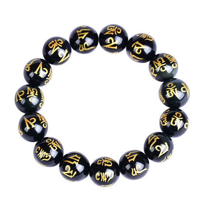 8/10/12/14mm Tibetan Buddhism Six Words Mantra Bracelets For Men Women Black Obsidian Amulet Lucky Bangles Jewelry with Gift Box