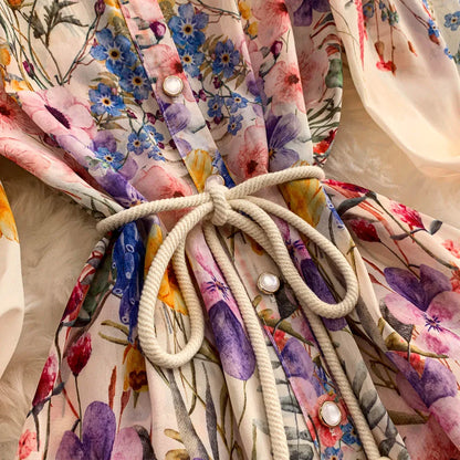 Faionable Print Long Dr Women's Spring Belted Waist Pleated Lantern Sve Turn-down Collar Dr Korean Sle Commute