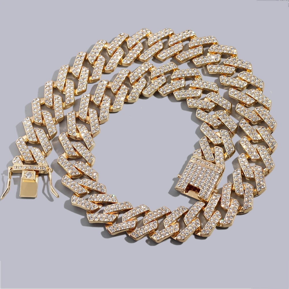 Iced Out Bling AAA Rhinestones Prong Cuban Link Chain Men's Necklace 2 Row Crystal Curb Cuban Chain Hip Hop Jewelry 13/14/20MM - AMULET RING STORE