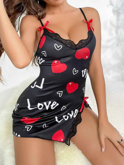 Heart Letter Floral Slip Nightdress Lace Trim Deep V Side Split Sleep Dress Soft Breathable Fabric For Women Night Gown