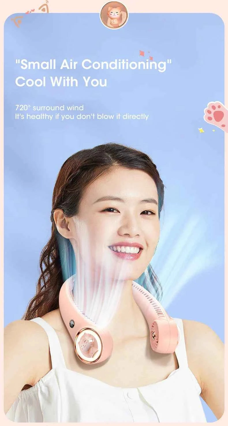 Bladeless Neck Fan 2000mAh USB Rechargeable Digital Display Cute Cat Hanging Mini for Travel Office
