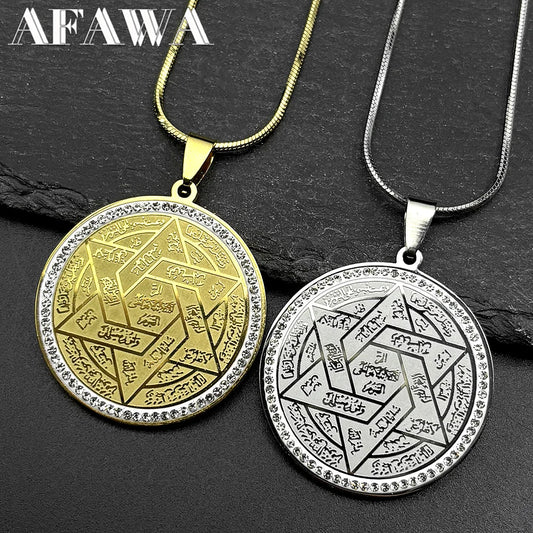Jewish Star of David Arabic Pendant Necklace for Women Men Stainless Steel Gold Color Rhinestones Solomon Seal Chain Jewelry