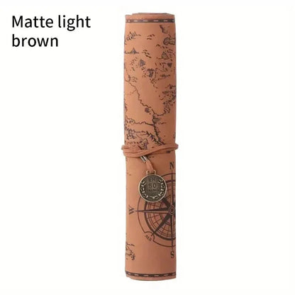 Vintage Treasure Map Pencil Case, Leather Roll-Up Pouch w/ Embossed Buckle, Large Capacity School Office Organizer (Gift) - AMULET RING STORE