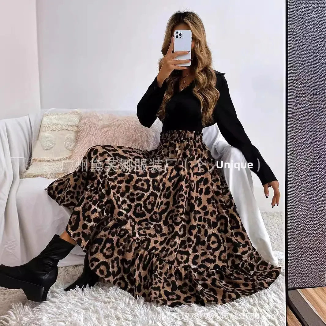 Elegant Leopard Print Halter Neck Mini Dress Polyester Fiber Ruffles Decoration Cross-Border New Arrival 2024 Women's Skirt - AMULET RING STORE