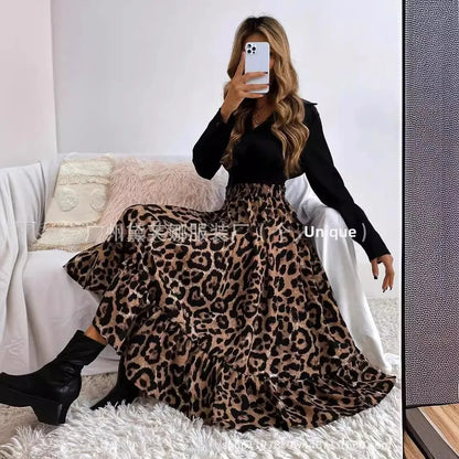 Elegant Leopard Print Halter Neck Mini Dress Polyester Fiber Ruffles Decoration Cross-Border New Arrival 2024 Women's Skirt - AMULET RING STORE