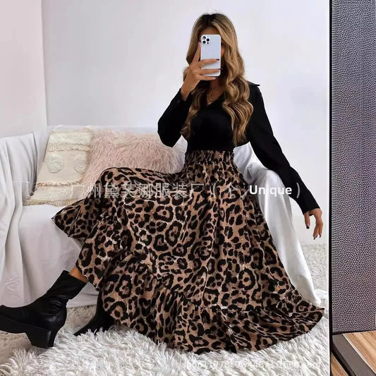 Elegant Leopard Print Halter Neck Mini Dress Polyester Fiber Ruffles Decoration Cross-Border New Arrival 2024 Women's Skirt - AMULET RING STORE