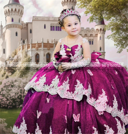 Elegant Quality Dark Blue Flower Girl Dress Tulle Fluffy Exquisite Lace Applique With Bow Little Princess Birthday Party Gowns