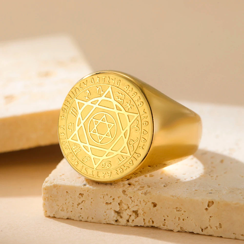 Dawapara Talisman Seal Solomon Ring Hexagram 12 Constellation Kabbalah Prosperity Good Health Amulet Stainless Steel Jewelry - AMULET RING STORE