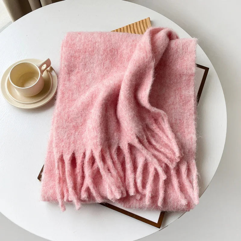 Korean Version Stylish Solid Scarf Women Men Autumn Winter Wool Blend Soft Pulled Mufller Female Male Versatile Pink Shawl Girl