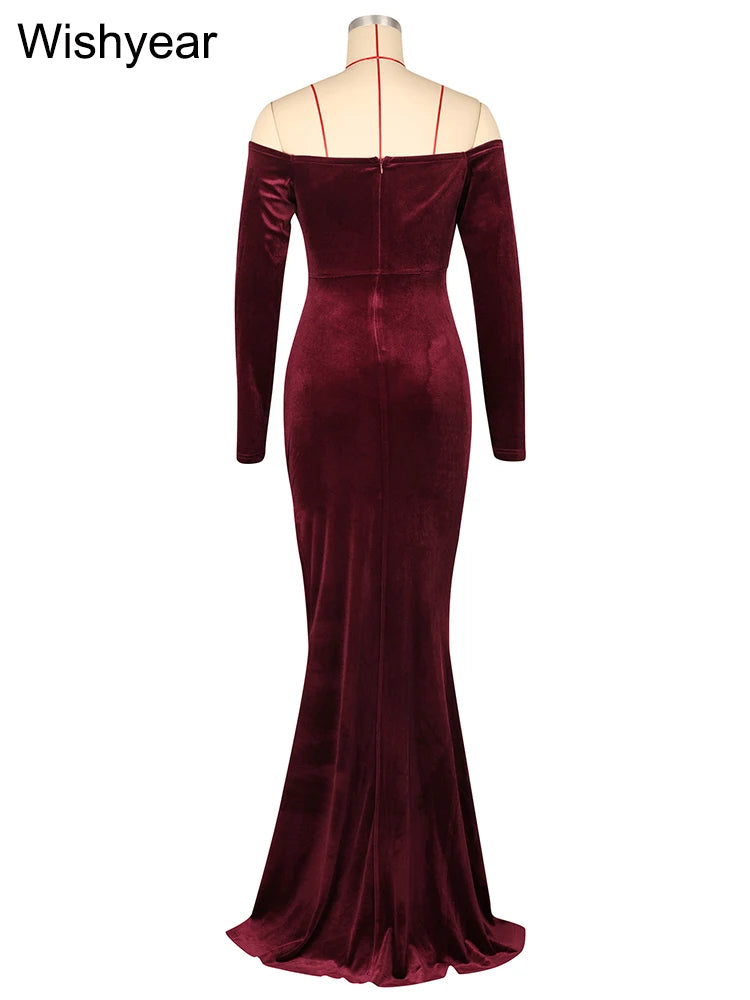 Elegant Women Velvet Off Shoulder Long Sleeve Ruched Split Mermaid Dress Luxury Wedding Evening Birthday Party Festival Vestidos - AMULET RING STORE