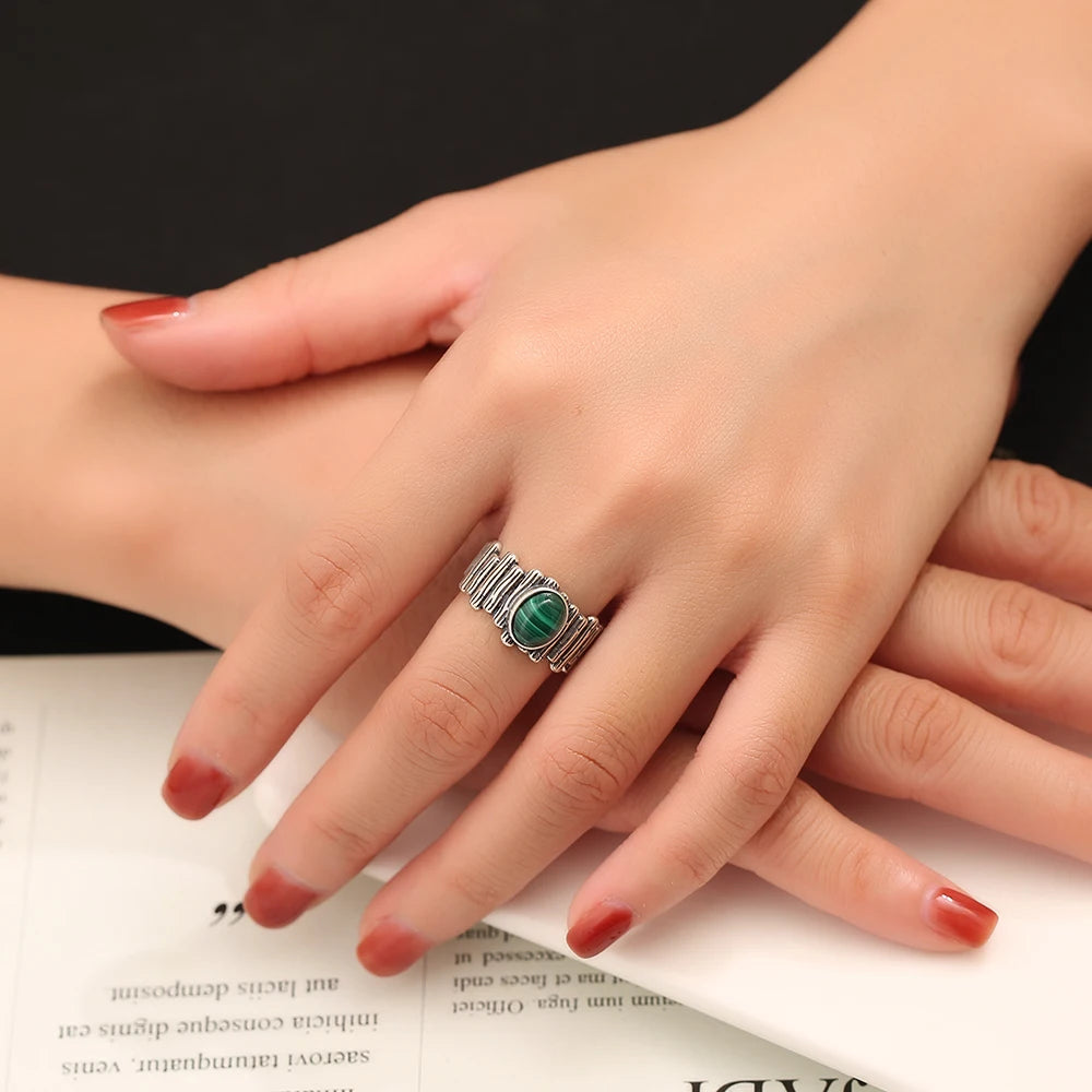 S925 Adjustable Malachite Ring Natural Gemstone Jewelry Textured Boho Silver Ring for Women, Healing Crystal Gift 925 Sterling - AMULET RING STORE