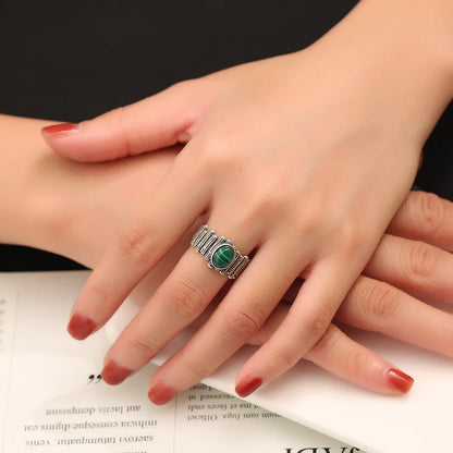 S925 Adjustable Malachite Ring Natural Gemstone Jewelry Textured Boho Silver Ring for Women, Healing Crystal Gift 925 Sterling - AMULET RING STORE