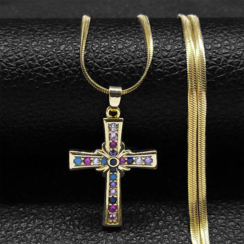 Shiny Hip Hop Zircon Cross Pendant Necklace for Women Stainless Steel Crystal Choker Christian Necklaces Jewelry cruz colgante