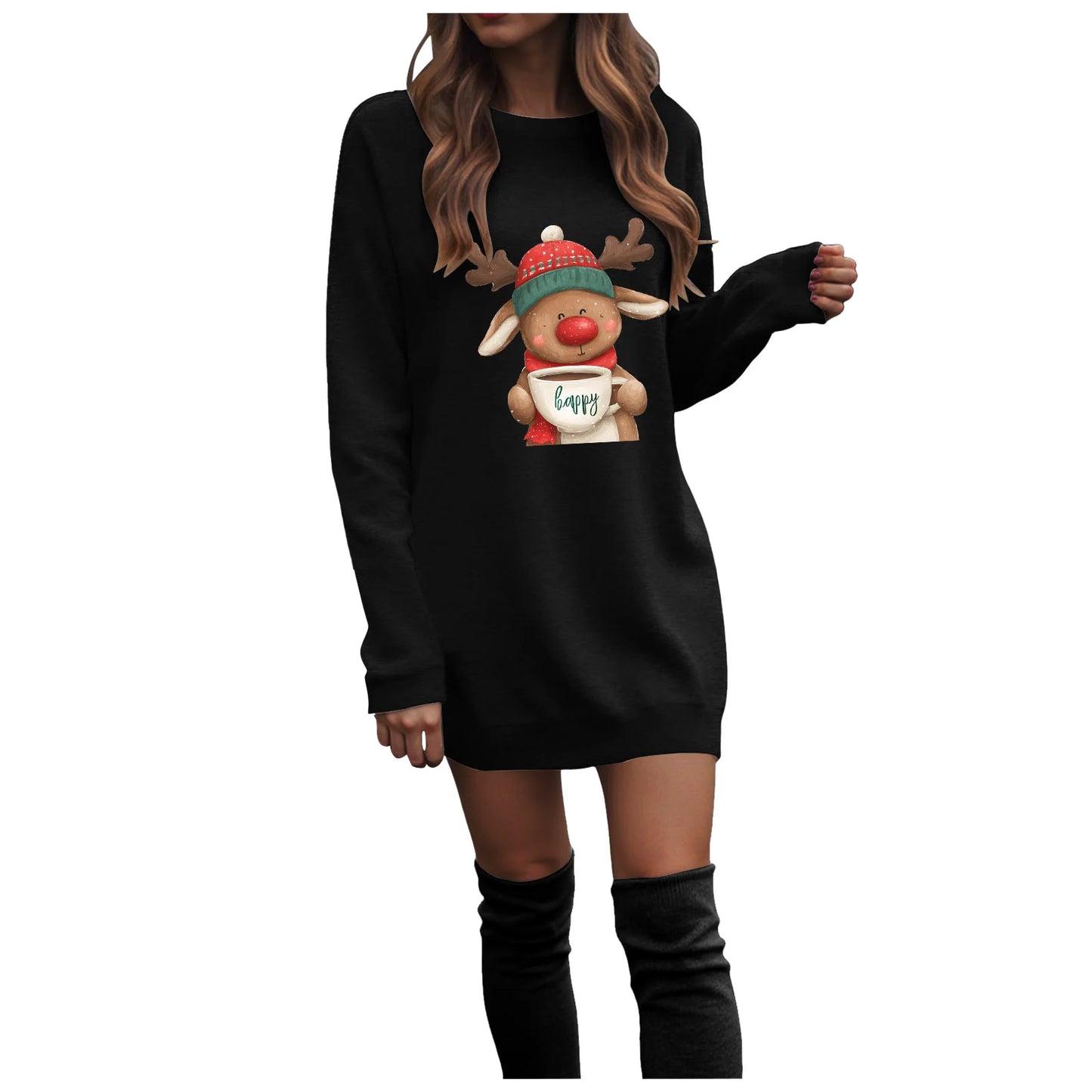 Ladies Casual Christmas Printed Round Neck Pullover Long Sleeved Sweatshirt Dress Comfy Striped Print Long Sleeve Sweatshirt