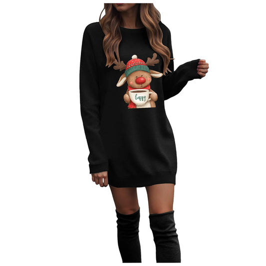 Ladies Casual Christmas Printed Round Neck Pullover Long Sleeved Sweatshirt Dress Comfy Striped Print Long Sleeve Sweatshirt