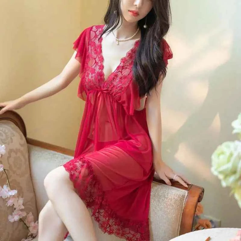 Sexy Sleepwear Women V-neck Nightgown Sexy Nightdress Lace Mesh Pajama Loungewear Summer Dress Nightwear Night Wear