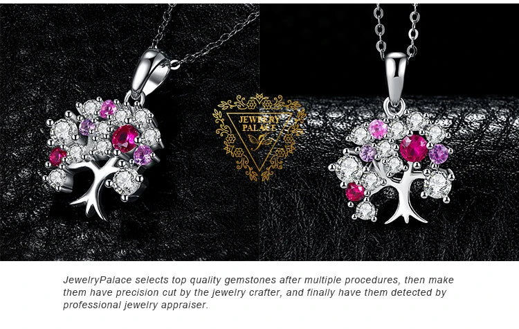 JewelryPalace Life Tree Created Ruby 925 Sterling Silver Pendant Necklace for Women Statement Gemstone Jewelry Choker No Chain