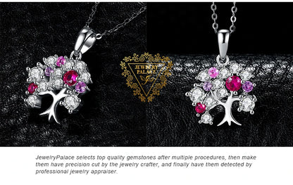 JewelryPalace Life Tree Created Ruby 925 Sterling Silver Pendant Necklace for Women Statement Gemstone Jewelry Choker No Chain