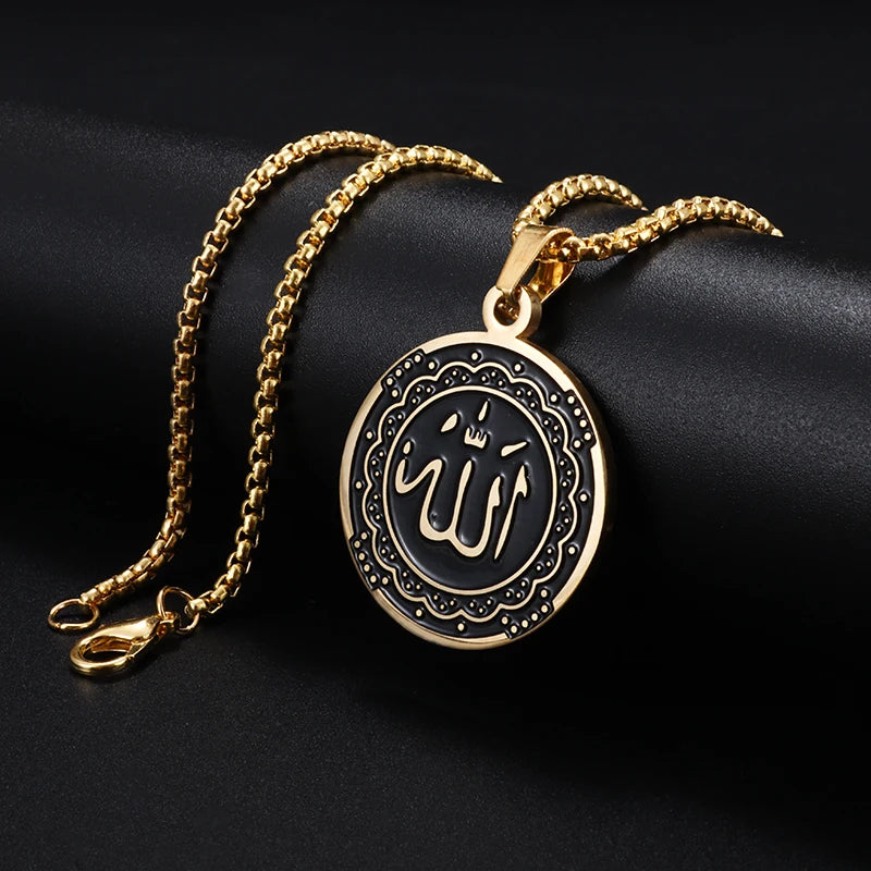 Allah Necklace for Men Stainless Steel Gold Color Round Pendant Necklace AMULET RING STORE