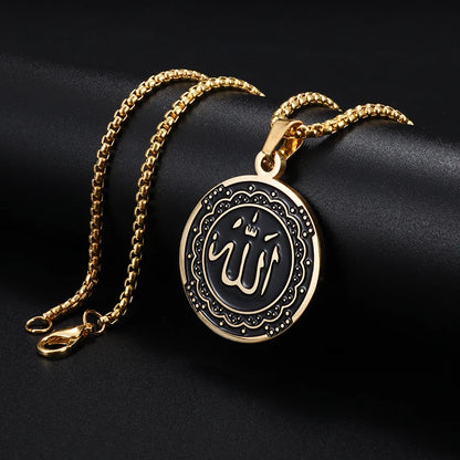 Allah Necklace for Men Stainless Steel Gold Color Round Pendant Necklace