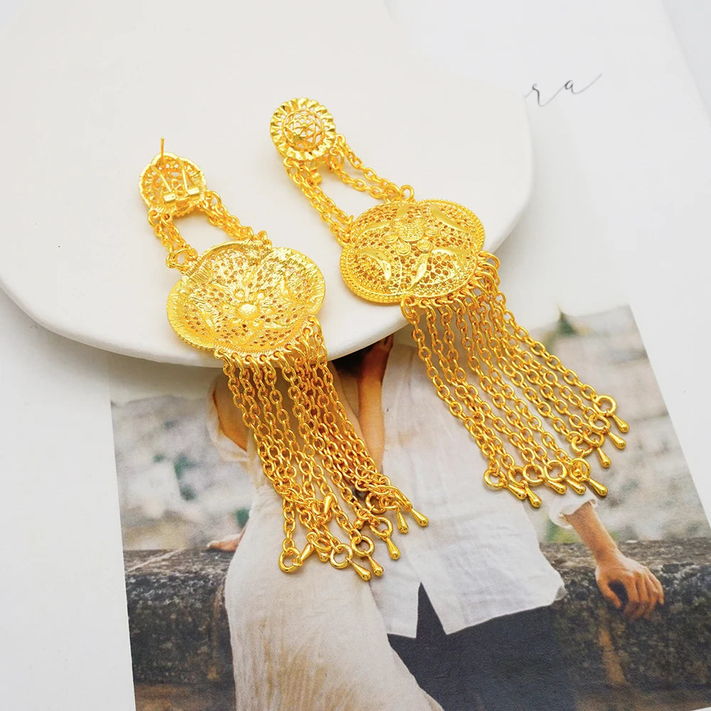 Fan Shape Earrings New Fashion Dubai Gold Color Drop Earrings French African Women Girls Party Gifts Wedding Jewelry Earring