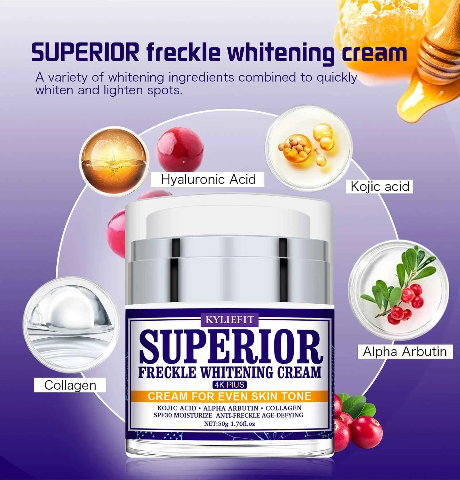 KYLIEFIT Superior Freckle Whitening Cream, Even Skin Tone, With Collagen, Kojic Acid, Spf30, Dark Spots Corrector Face Cream