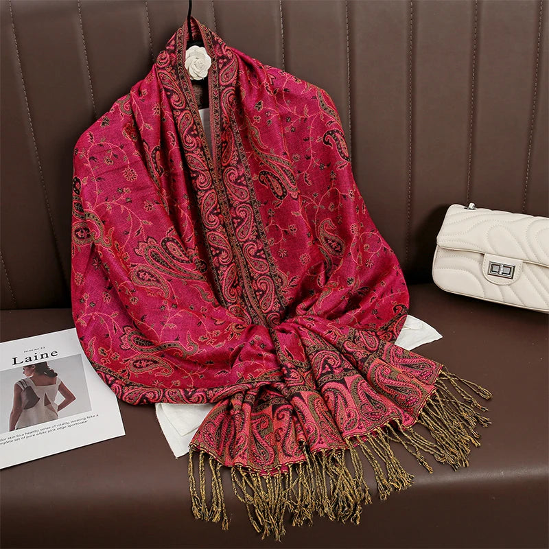 Women National Style Flower Pattern Scarf Jacquard Pashmina Cashmere Tassel Classic Shawl Coldproof Warm Neck Protection