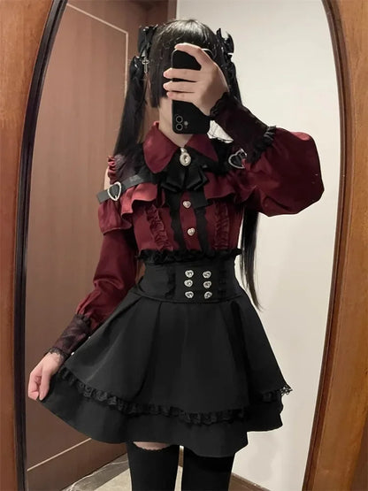 Sweet Gothic Lolita Two Piece Set, Off Shoulder Blouse + High Waist Skirt, Kawaii Tri-color Lace Coord Outfit for Women & Teens