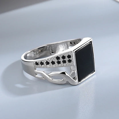 S925 Silver Jewelry Ring Natural Oval Rectangle Big Black Agate Stone Vintage Ring For Women Party Gifts