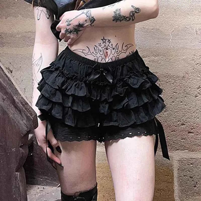 AltGoth Mall Goth Lolita Lace Shorts Women Aesthetic Cute Sweet Bow Patchwork Shorts Y2k E-girl Emo Alternative Kawaii Outfits