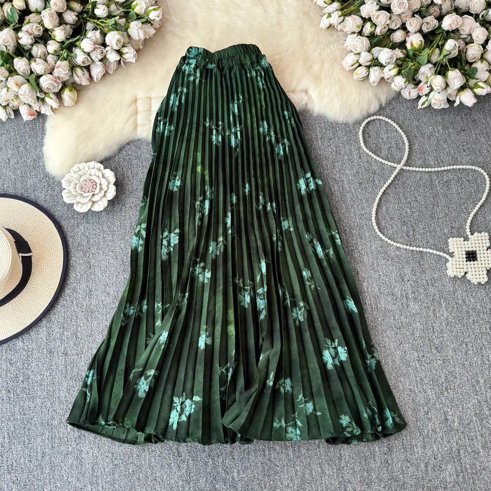 Chiffon A-Line Midi Skirt Women's Autumn 2025 New Sle Cover Hip Draped Large Swing Umbrella Skirt Pleated Floral Skirt