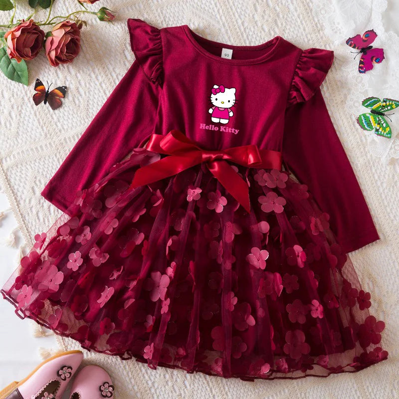 Hello Kitty Autumn Dress for Kid's Casual Clothes 3D Butterfly Cute Long Sleeve Baby Girls Princess Dress Party Dresses 2-6 Yrs