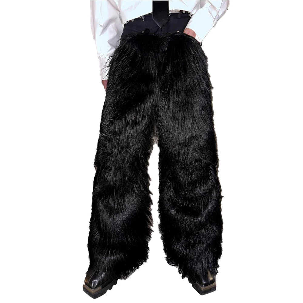 Mauroicardi Autumn Winter Long Black Thick Warm Hairy Shaggy Faux Fur Wide Leg Pants for Mens Luxury Designer Clothes Streetwear