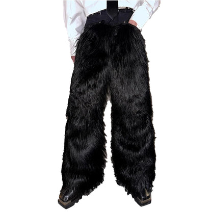 Mauroicardi Autumn Winter Long Black Thick Warm Hairy Shaggy Faux Fur Wide Leg Pants for Mens Luxury Designer Clothes Streetwear