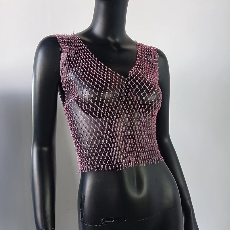 Women's Fishnet Rhinestone Crop Top 2024 Summer Sexy Mesh High Elastic Black White Shirt Net See Through Rave Diamond Tank Top - AMULET RING STORE