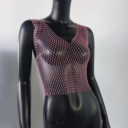 Women's Fishnet Rhinestone Crop Top 2024 Summer Sexy Mesh High Elastic Black White Shirt Net See Through Rave Diamond Tank Top - AMULET RING STORE