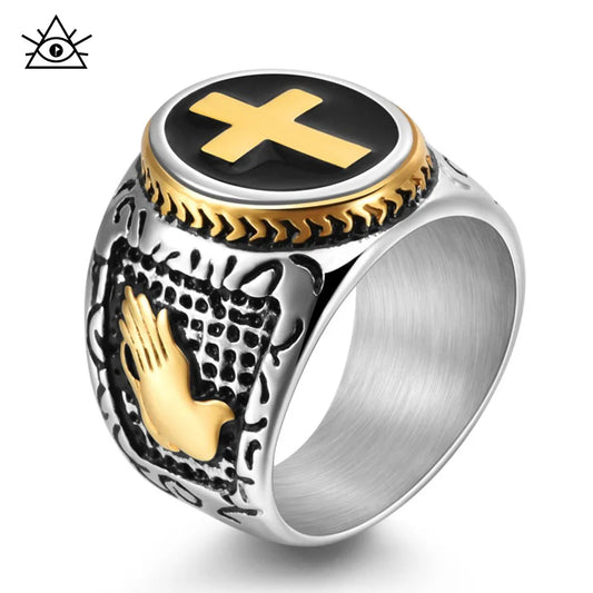 Vintage Titanium Steel Prayer Hand Cross Ring - Punk Style