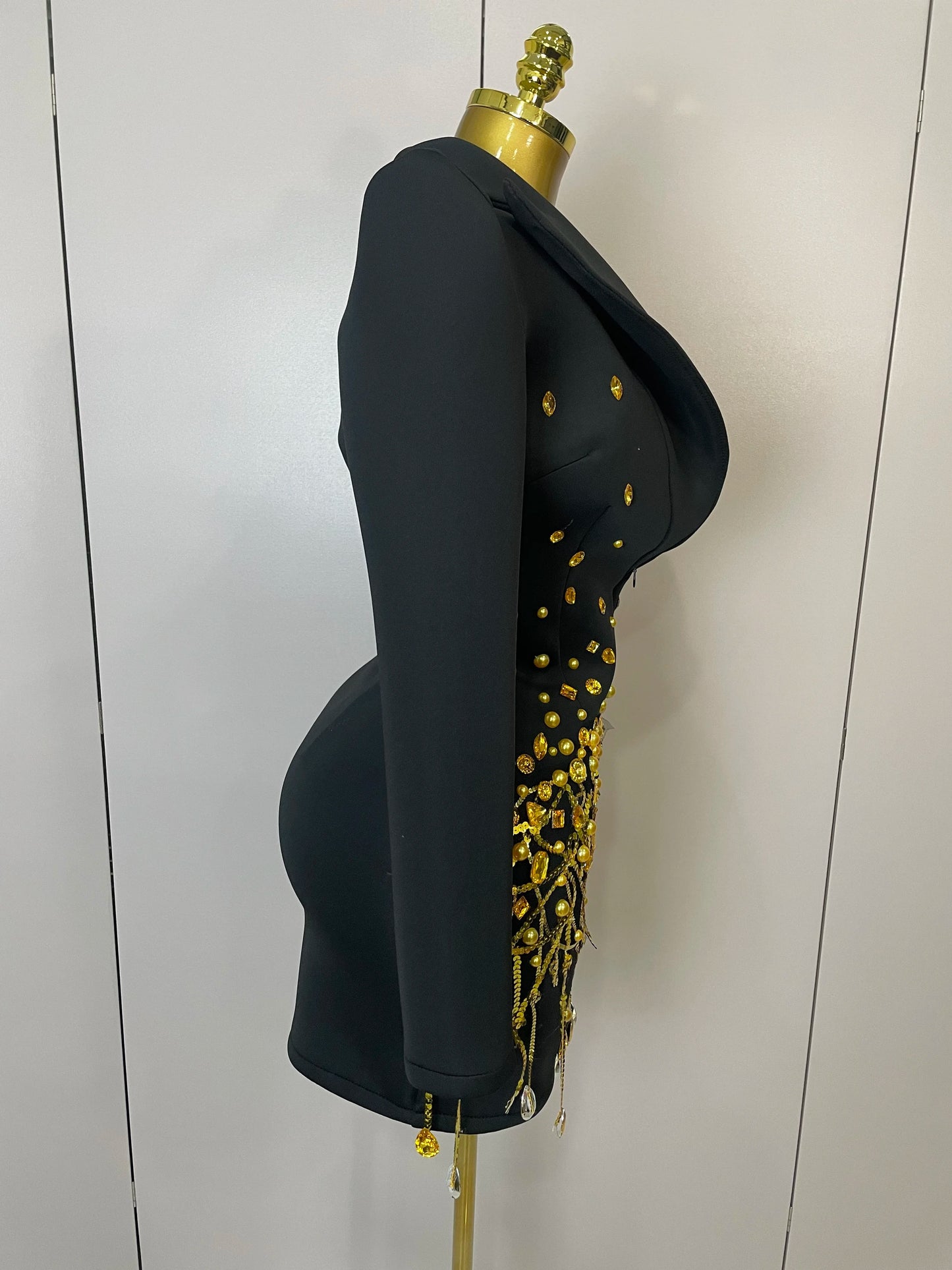 Sparkly Crystal Chains Pearls Long Sleeve Mini Dress 2025 Women Birthday Evening Party Nightclub Outfit Singer Wedding Costume - AMULET RING STORE