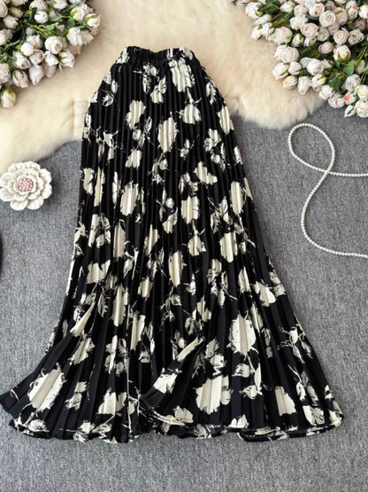 Chiffon A-Line Midi Skirt Women's Autumn 2025 New Sle Cover Hip Draped Large Swing Umbrella Skirt Pleated Floral Skirt