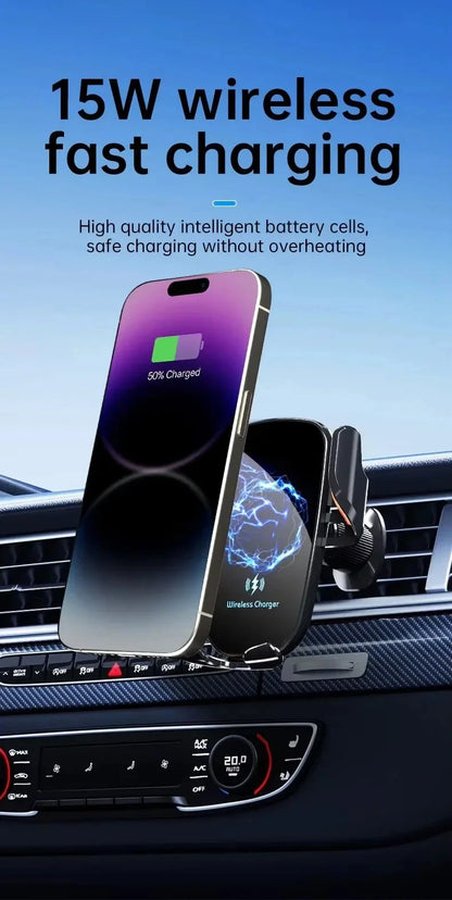 UYUXIO Wireless Car Charger Fast Charge Manual Clamping Air Vent Car Phone Holder for Samsung Android Phones iPhone 16 15 14 13