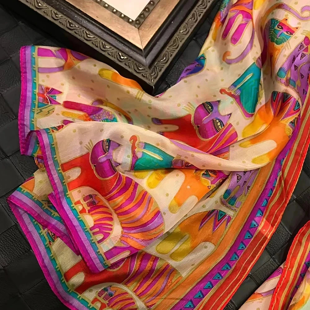 Brand Beige Cartoon Cat 100% Silk Scarf Shawl Bufanda Women Spring Fall Fashion Large Size Winter Long Scarves Bufanda 180*110cm